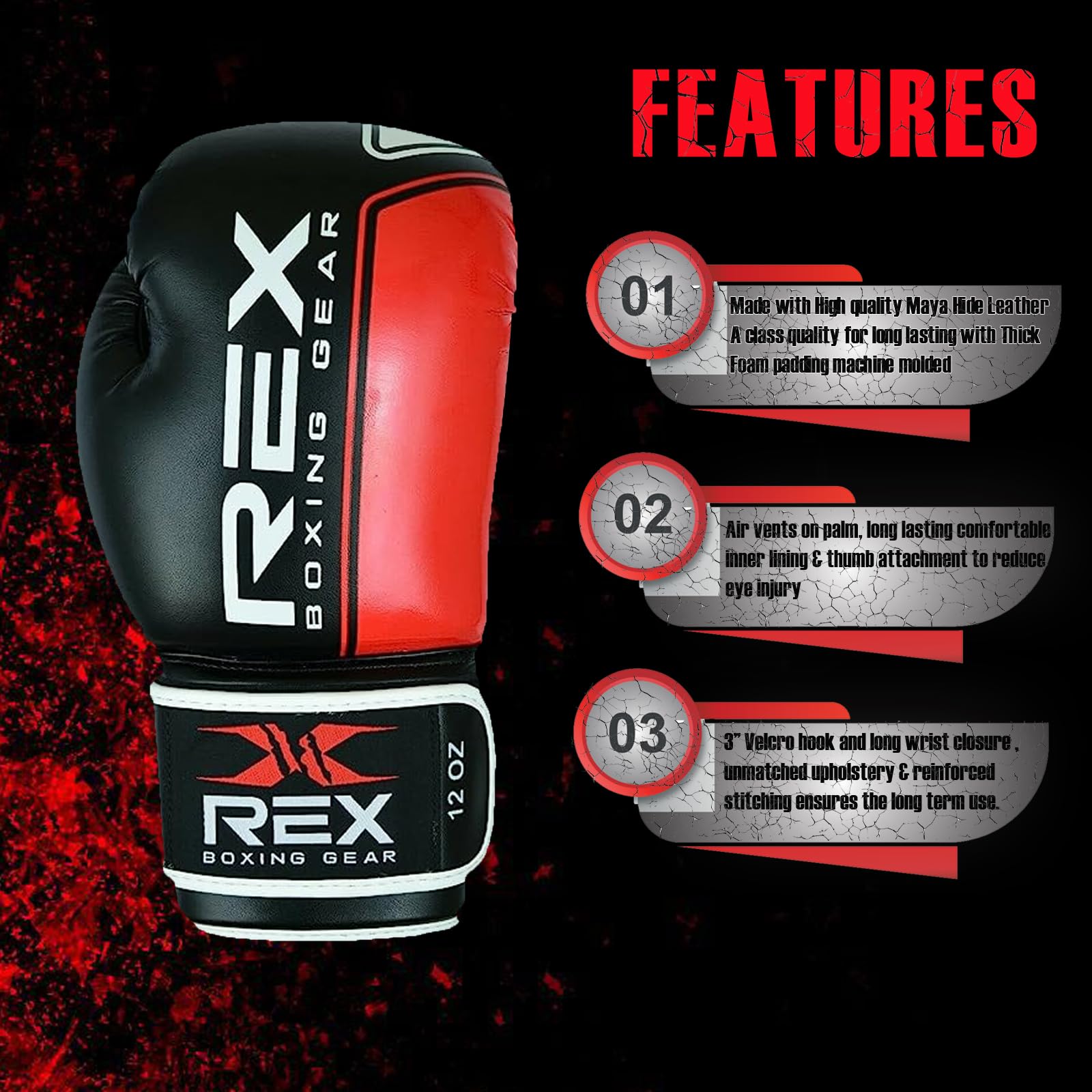 Rex Sports Punching Bag Gloves, Sparring Gloves, Boxing Gloves for Boxers, Boxing Wear Boxing Gloves, Training Gloves Mitts for Sparring, Kickboxing (12oz, Red/Black)