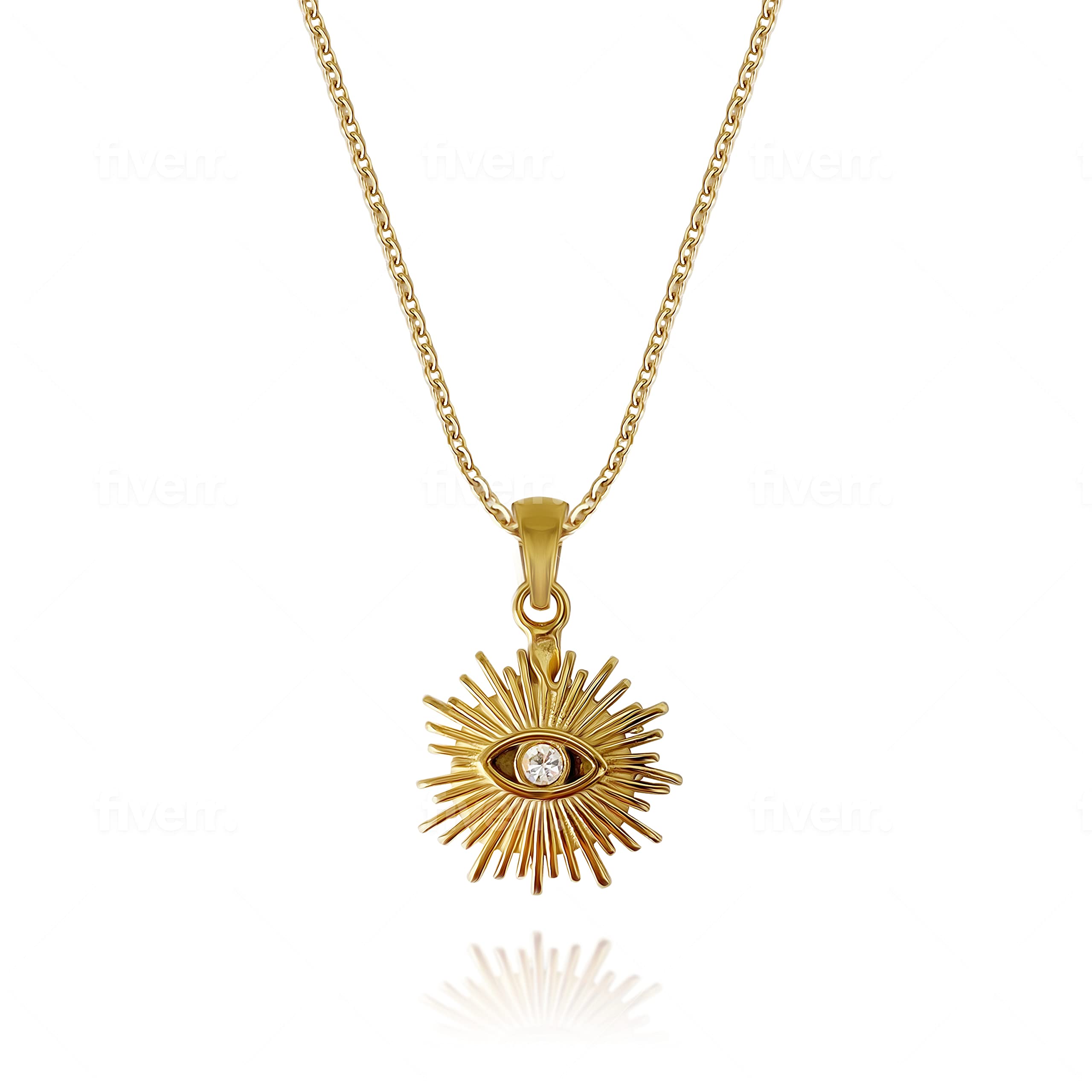 18K Gold Plated Evil Eye Zircon Sunburst Pendant Necklace Dainty Chain Jewelry for Women