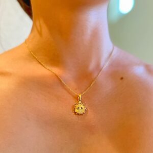 18K Gold Plated Evil Eye Zircon Sunburst Pendant Necklace Dainty Chain Jewelry for Women