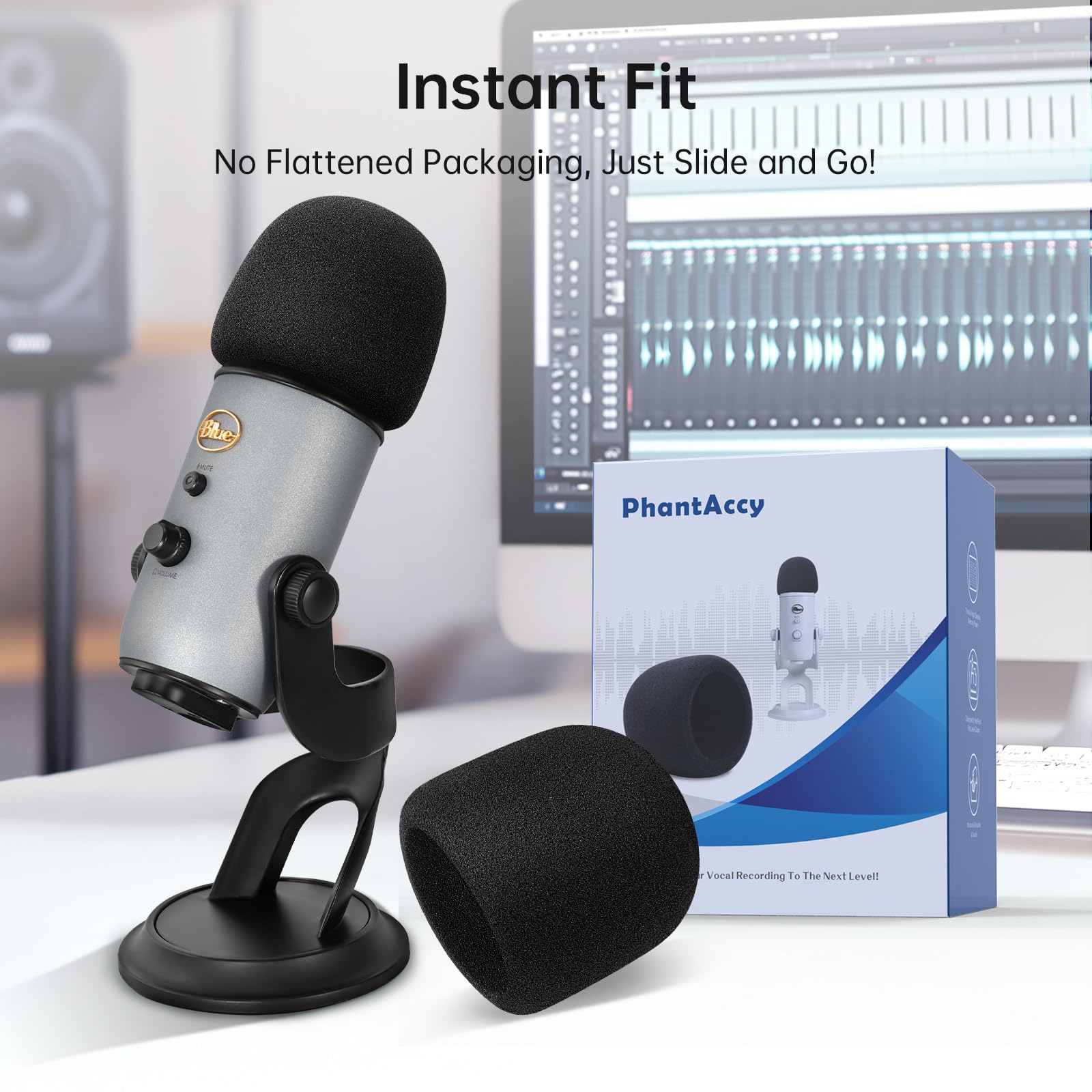 PhantAccy Pop Filter/Windscreen for Blue Yeti and Yeti Pro Microphones, Foam Mic Cover for Filtering Plosives and Hissing Noise