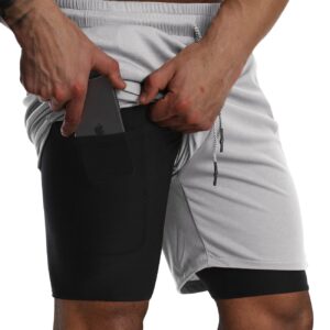 Suwangi Men's 2 in 1 Workout Running Shorts 7" Lightweight Quick-Dry Short Gym Athletic Training Yoga Short with Phone Pocket