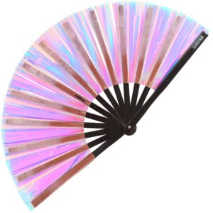 sojourner bags holographic rave fan - festival fan - large folding fan for festivals, halloween, burlesque, drag queen, rainbow for women & rave accessories - clack fan hand fan (velvet)