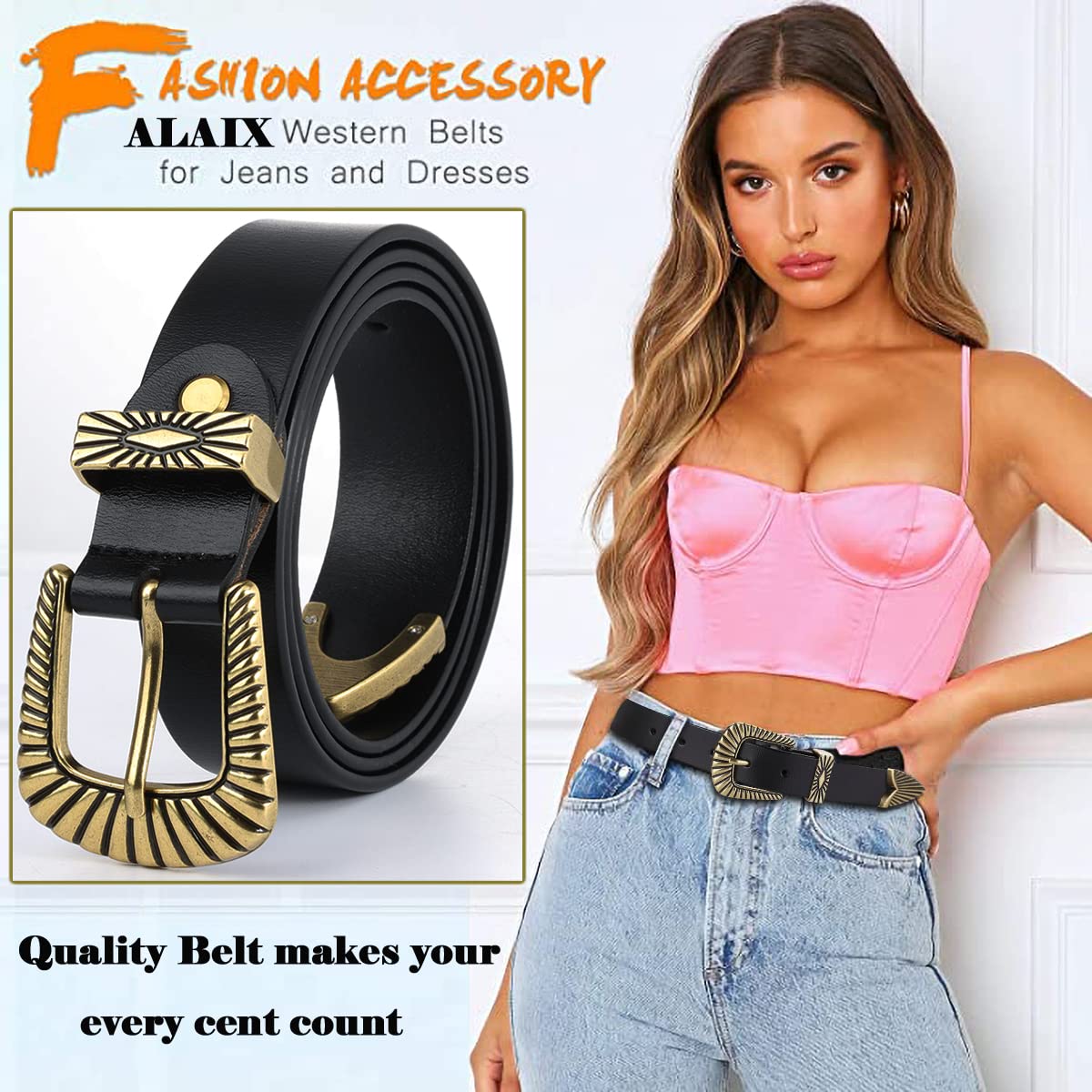 ALAIX Belts for women Women's Belts Silver Gold Buckle leather belts Black Western belts Jeans Pants belts for women