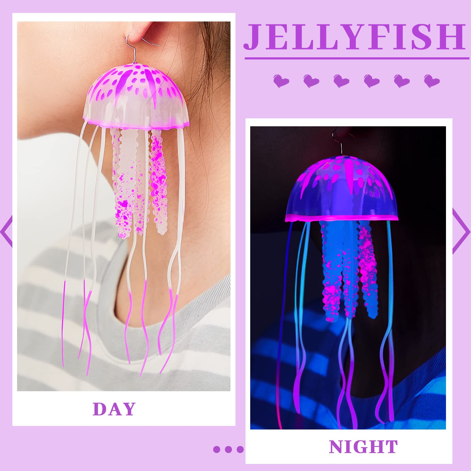 2 Pcs Glow Earrings Jellyfish Dangle Drop Weird Earrings Light up Glow in the Dark Christmas Party Decoration (Purple)