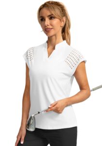 soothfeel women's golf shirt cap sleeve v neck polo shirts lightweight quick dry workout tennis shirts tops for women(white, l)