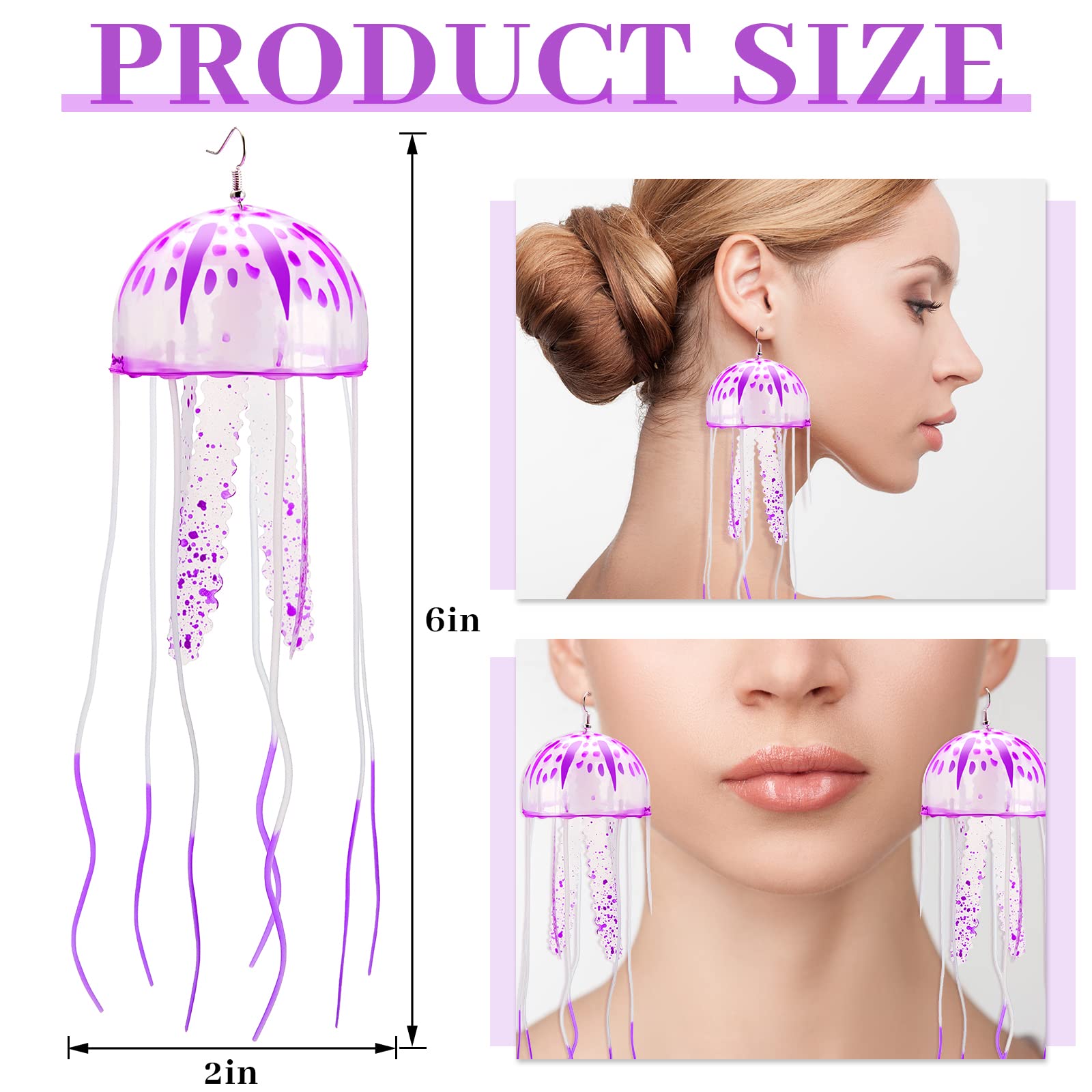 2 Pcs Glow Earrings Jellyfish Dangle Drop Weird Earrings Light up Glow in the Dark Christmas Party Decoration (Purple)