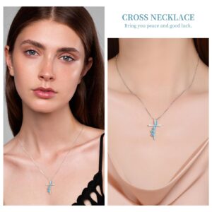 Silver Cross Necklace for Women March Birthstone Necklaces Jewelry Aquamarine Lab Simulated Diamond Blue Cubic Zirconia Birthday Gifts for Mom Women Lucky Jewelry Gift for Her Girlfriend Mama Wife