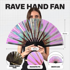 SoJourner Bags Holographic Rave Fan - Festival Fan - Large Folding Fan for Festivals, Halloween, Burlesque, Drag Queen, Rainbow for Women & Rave Accessories - Clack Fan Hand Fan (Velvet)