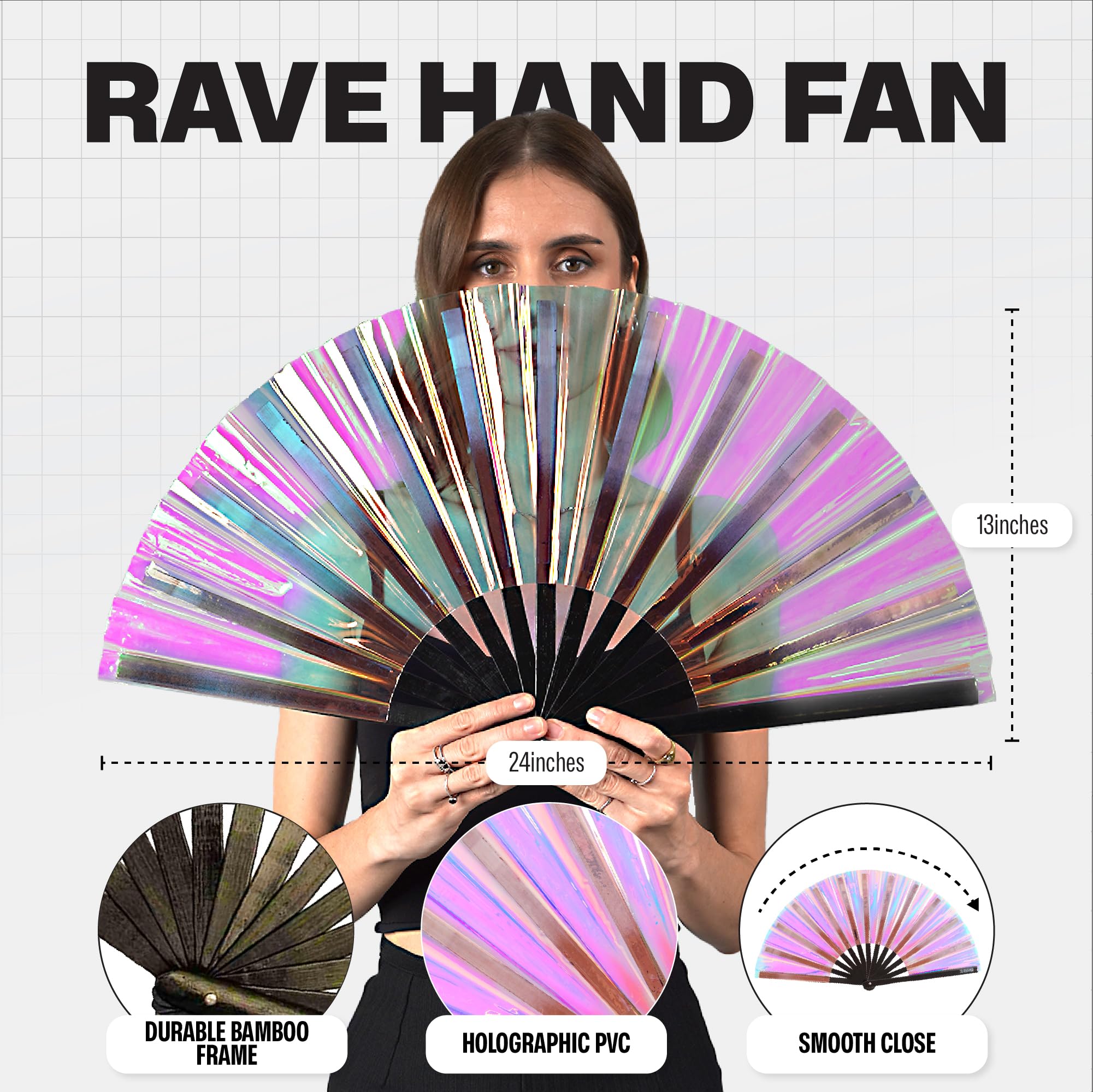 SoJourner Bags Holographic Rave Fan - Festival Fan - Large Folding Fan for Festivals, Halloween, Burlesque, Drag Queen, Rainbow for Women & Rave Accessories - Clack Fan Hand Fan (Velvet)