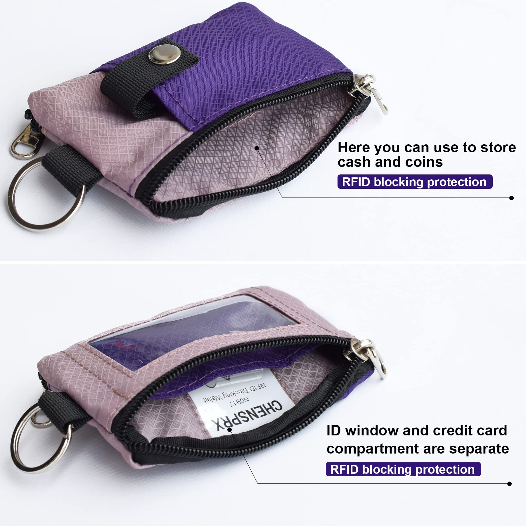 CHENSPRX Minimalist RFID Blocking Small Wallet with ID Window,WaterResistant Zip Id Case Wallet with Lanyard Keychain for Cards,Cash,Travel,Women,Men (Purple+LightPurple)