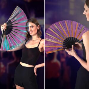 SoJourner Bags Holographic Rave Fan - Festival Fan - Large Folding Fan for Festivals, Halloween, Burlesque, Drag Queen, Rainbow for Women & Rave Accessories - Clack Fan Hand Fan (Velvet)