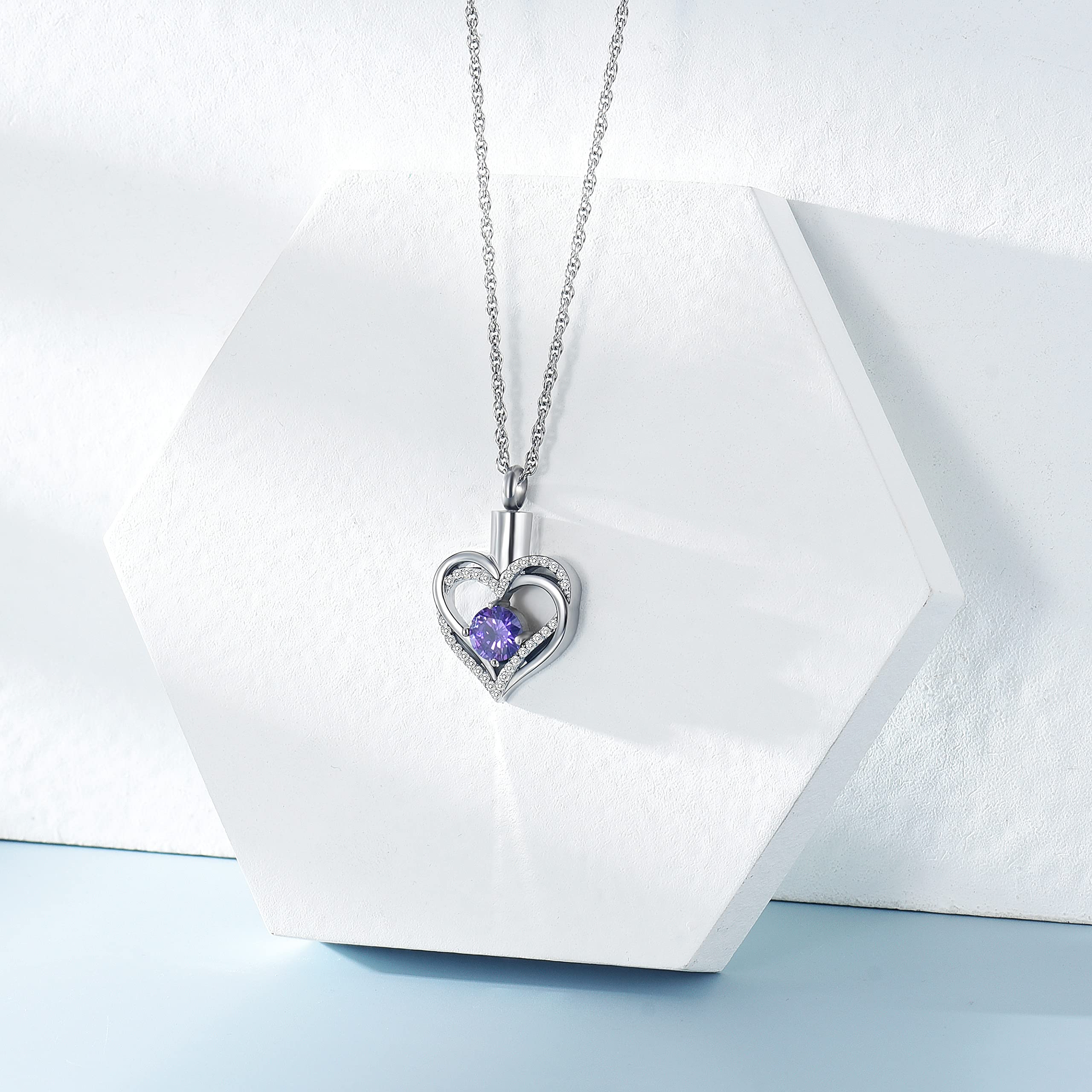 shajwo Cremation Jewelry Heart Urn Necklace for Ashes for Women Gilrs Memorial Keepsake Birthstone Pendant,Silver-Purple