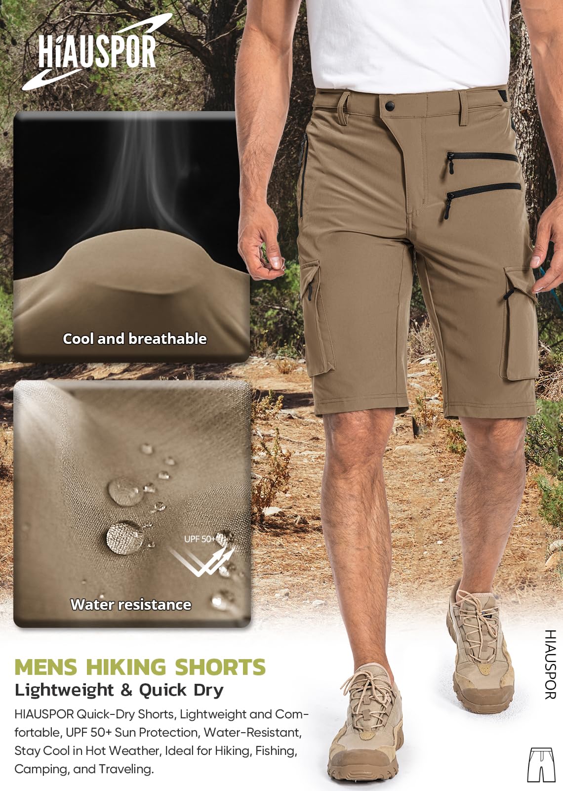 Hiauspor Men's Hiking Cargo Shorts Quick Dry Lightweight Casual Fishing Tactical Golf for Outdoor with 5 Pockets(Khaki, Medium)