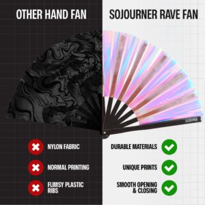 SoJourner Bags Holographic Rave Fan - Festival Fan - Large Folding Fan for Festivals, Halloween, Burlesque, Drag Queen, Rainbow for Women & Rave Accessories - Clack Fan Hand Fan (Velvet)