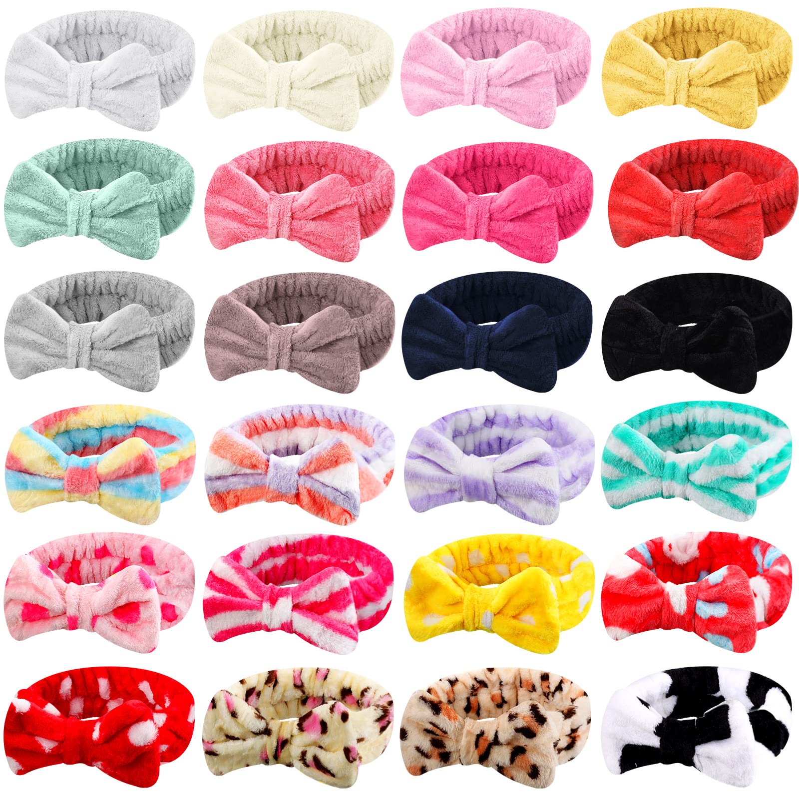 WILLBOND 24 Pack Spa Headband Bow Hair Band Facial Makeup Headband Women Face Wash Headband Adjustable Skincare Headbands Flannel Towel Soft Head Wraps for Women Shower Washing Face(Stylish Pattern)