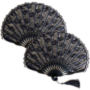 pack of 2 lady ladies decorative vintage hand-held black flower lace folding fans, retro style bamboo hand fan, dancing party accessories