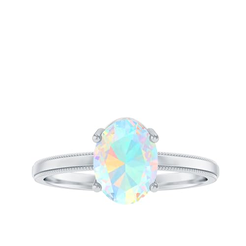 Certified Natural Opal 6X8mm Oval Engagement Ring, AAA Quality, Ethiopian Opal Solitaire Ring - With Jewelry Box, 14K White Gold, Size:US 6.50