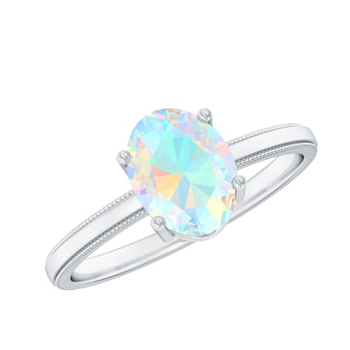 Certified Natural Opal 6X8mm Oval Engagement Ring, AAA Quality, Ethiopian Opal Solitaire Ring - With Jewelry Box, 14K White Gold, Size:US 6.50