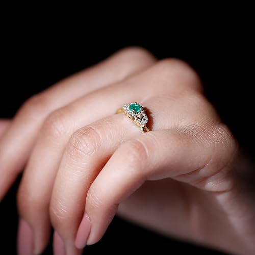 Rosec Jewels Natural Emerald Diamond Flower Ring for Women, AAA Quality, Certified Emerald Flower Engagement Ring, 14K Yellow Gold, Size:US 7.50