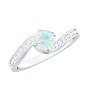 Certified 5 MM Opal Round Engagement Ring, AAA Quality, Natural Ethiopian Opal Solitaire Ring with Moissanite, 14K White Gold, Size:US 8.00