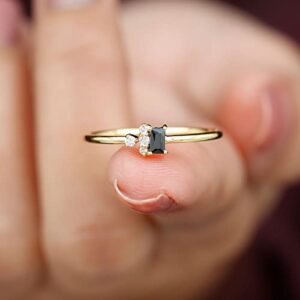 Black Spinel Minimal Ring for Women, AAA Quality, Dainty Promise Engagement Ring, 14K Yellow Gold, Size:US 6.50