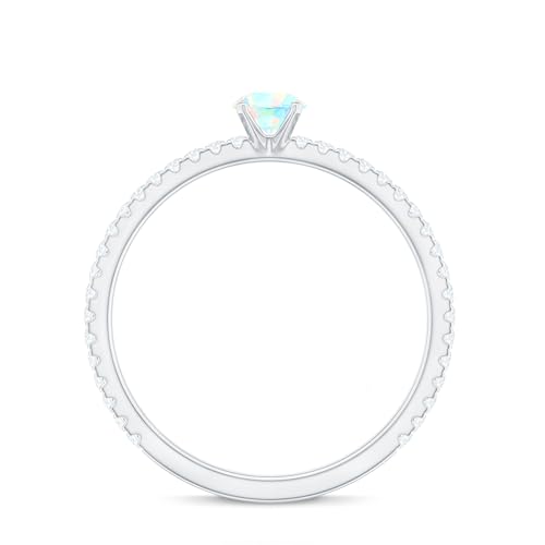 Rosec Jewels Certified Natural Opal Promise Ring, AAA Quality, Opal Diamond Pinky Ring For Women (Ready to Gift), 14K White Gold, Size:US 5.00