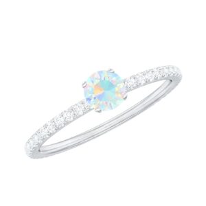 Rosec Jewels Certified Natural Opal Promise Ring, AAA Quality, Opal Diamond Pinky Ring For Women (Ready to Gift), 14K White Gold, Size:US 5.00