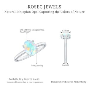 Certified Natural Opal 6X8mm Oval Engagement Ring, AAA Quality, Ethiopian Opal Solitaire Ring - With Jewelry Box, 14K White Gold, Size:US 6.50