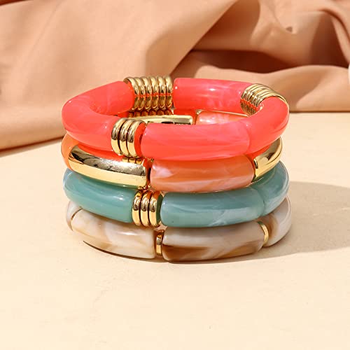 MythDone Chunky Bamboo Tube Bracelets Colorful Curved Resin Stretch Bracelet Gold Stacking Bangles Acrylic Beads Stretchable Friendship Bracelets for Women (4pcs style A)