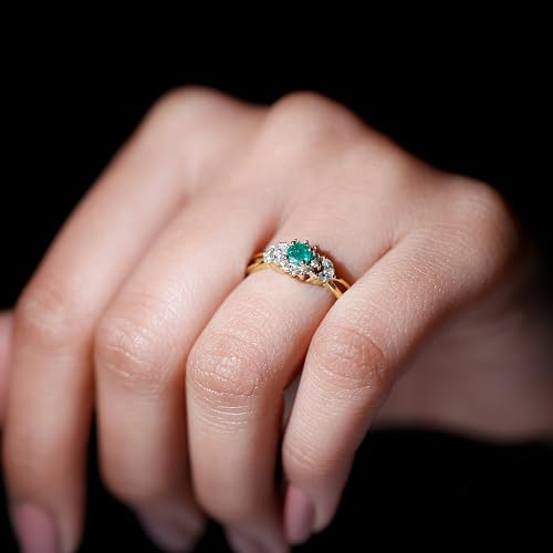 Rosec Jewels Natural Emerald Diamond Flower Ring for Women, AAA Quality, Certified Emerald Flower Engagement Ring, 14K Yellow Gold, Size:US 7.50