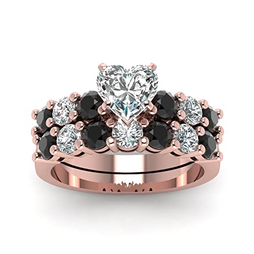 JewelryGift Basket Prong Diamond Wedding Set rose gold plated Natural Black Onyx Heart shape Black color Wedding Ring Sets prong Setting in Size 7 Party Wear Daily Wear Ornament