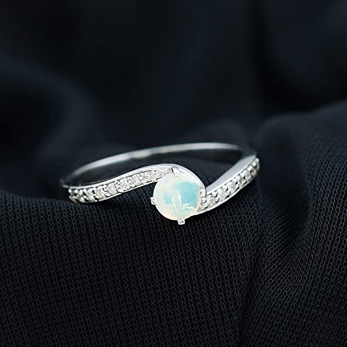 Certified 5 MM Opal Round Engagement Ring, AAA Quality, Natural Ethiopian Opal Solitaire Ring with Moissanite, 14K White Gold, Size:US 8.00