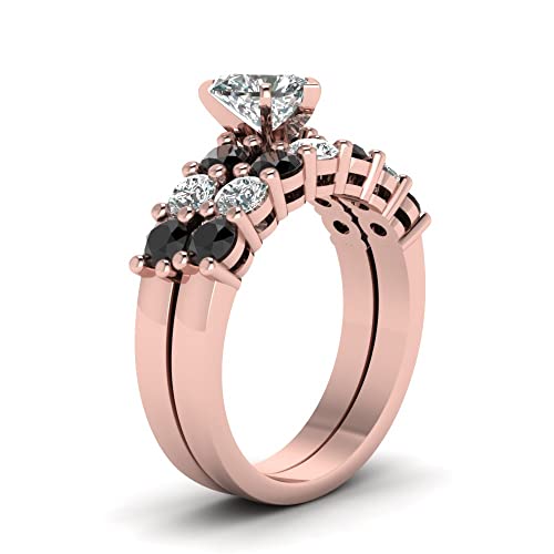 JewelryGift Basket Prong Diamond Wedding Set rose gold plated Natural Black Onyx Heart shape Black color Wedding Ring Sets prong Setting in Size 7 Party Wear Daily Wear Ornament