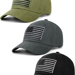 KIRAAT 3 Pack American Flag Baseball Cap Unisex,Low Profile USA Plain Dad Hat for Men＆Women (Black＆Grey＆Green)