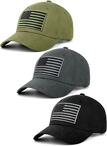 KIRAAT 3 Pack American Flag Baseball Cap Unisex,Low Profile USA Plain Dad Hat for Men＆Women (Black＆Grey＆Green)