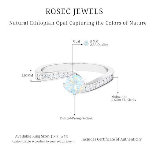 Certified 5 MM Opal Round Engagement Ring, AAA Quality, Natural Ethiopian Opal Solitaire Ring with Moissanite, 14K White Gold, Size:US 8.00