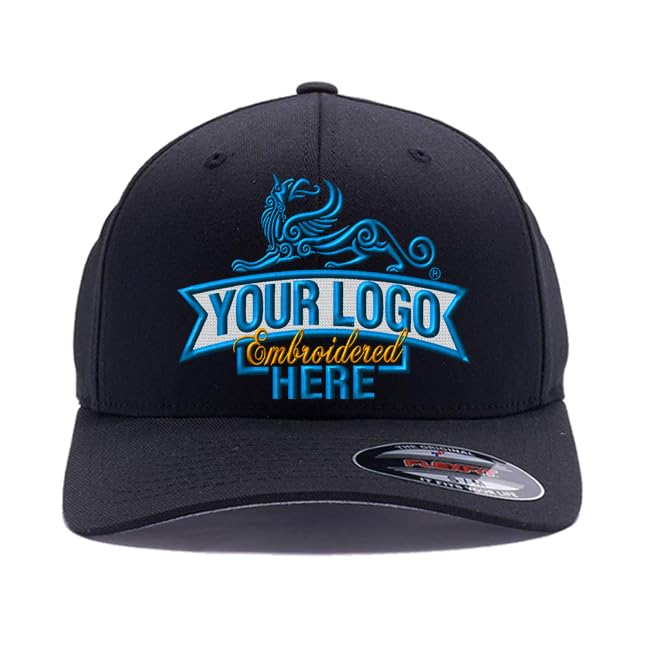 Custom Embroidered Flex Baseball hat. Flex Baseball 6277/6477 Baseball Cap. Place Your Own Logo or Design (L/XL, Black)