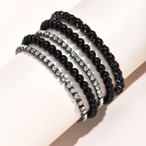 COLORFUL BLING 5-6Pcs Imitation Pearl Stretch Bracelet Set for Women Gold Beaded Flat Strand Stackable Crystal Rhinestone Layered Bracelet for Women Jewelry-5pcs black crystal