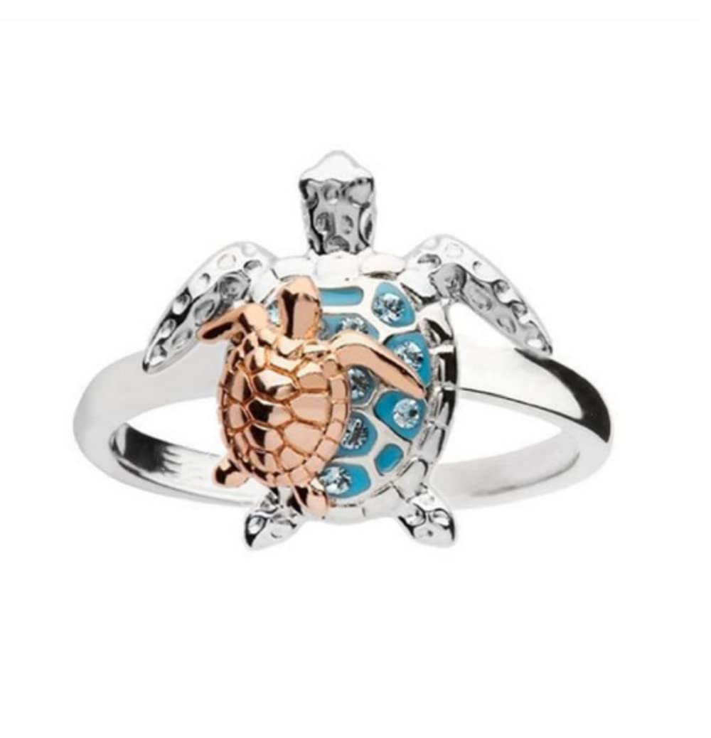 HUKQBUNX 925 Sterling Silver Blue Sea Turtle Ring Lovely Little Turtle Innovative Design Beach Wave Vacation Wave Ring Women's Precious Jewelry Size 6-10 (Size 6)