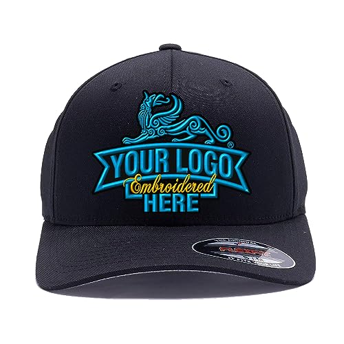 Custom Embroidered Flex Baseball hat. Flex Baseball 6277/6477 Baseball Cap. Place Your Own Logo or Design (L/XL, Black)