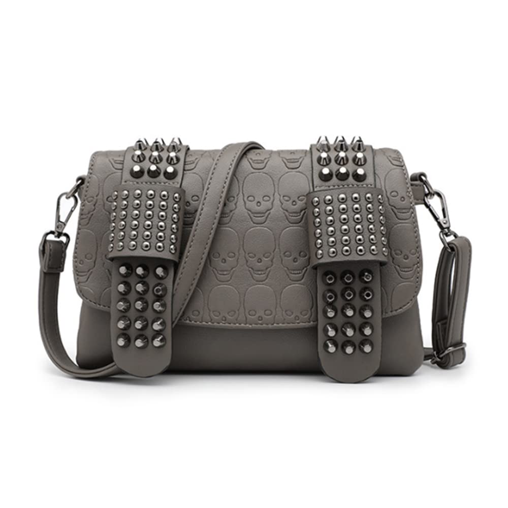 YAQUNICER Skull Purse Punk Rivet Shoulder Crossbody Bags for Women Chain Underarm Bag Handbag-Gray