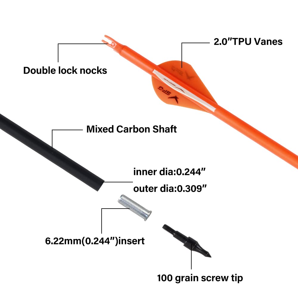 SOPOGER 30 Inch Arrows for Compound Bows - Practice Arrows 500 Spine 12 Packs Hunting Carbon Arrows for Archery Recurve Bow Target Practice Shooting (Orange)