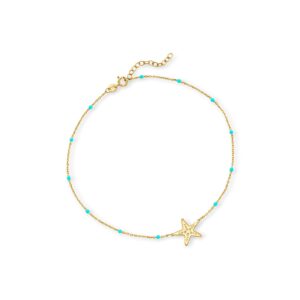 rs pure by ross-simons italian 14kt yellow gold starfish and blue enamel station anklet. 9 inches