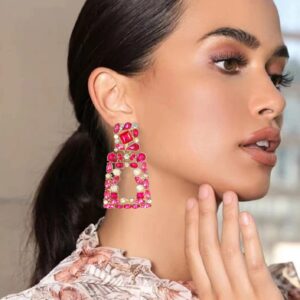 Hot Pink Rhinestone Rectangle Dangle Earrings Trendy Sparkly Crystal Geometric Drop Statement Earrings hypoallergenic for Women