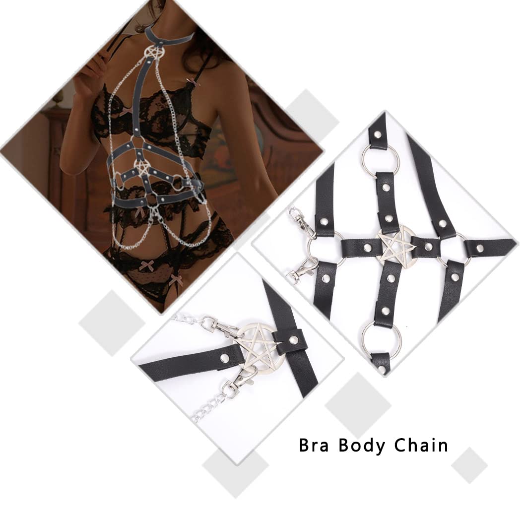 Jerany Punk Black Leather Harness Body Chain Goth Sexy Bra Pentagram Waist Chain Belts Adjustable Body Accessories Nightclub Party Birthday Harness Rave Body Chest Harness for Women