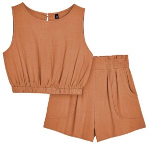 AUTOMET Short Sets Women 2 Piece Outfits Summer Outfits Two Piece Set Sleeveless Crop Tank Top Shorts Romper Lounge sets 2024 LightBrown M