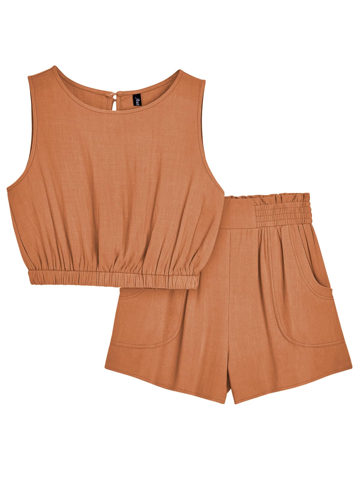 AUTOMET Short Sets Women 2 Piece Outfits Summer Outfits Two Piece Set Sleeveless Crop Tank Top Shorts Romper Lounge sets 2024 LightBrown M