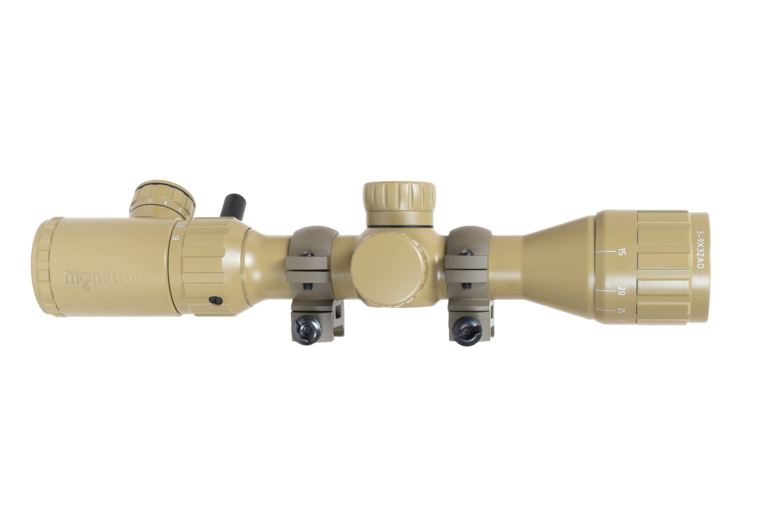 Monstrum 3-9x32 AO Rifle Scope | Flat Dark Earth | Monstrum Picatinny Scope Rings with Integrated Level Bubble | Bundle