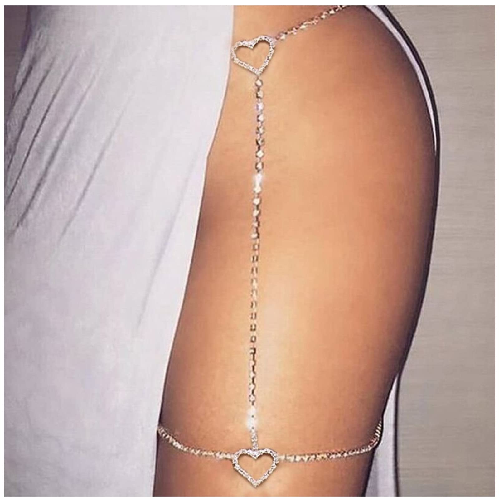 Crystal Heart-Shaped Multi-Layer Leg Chain Silver Layered Body Chains Thigh Chain Sexy Bikini Adjustable Body Jewelry Accessory for Women