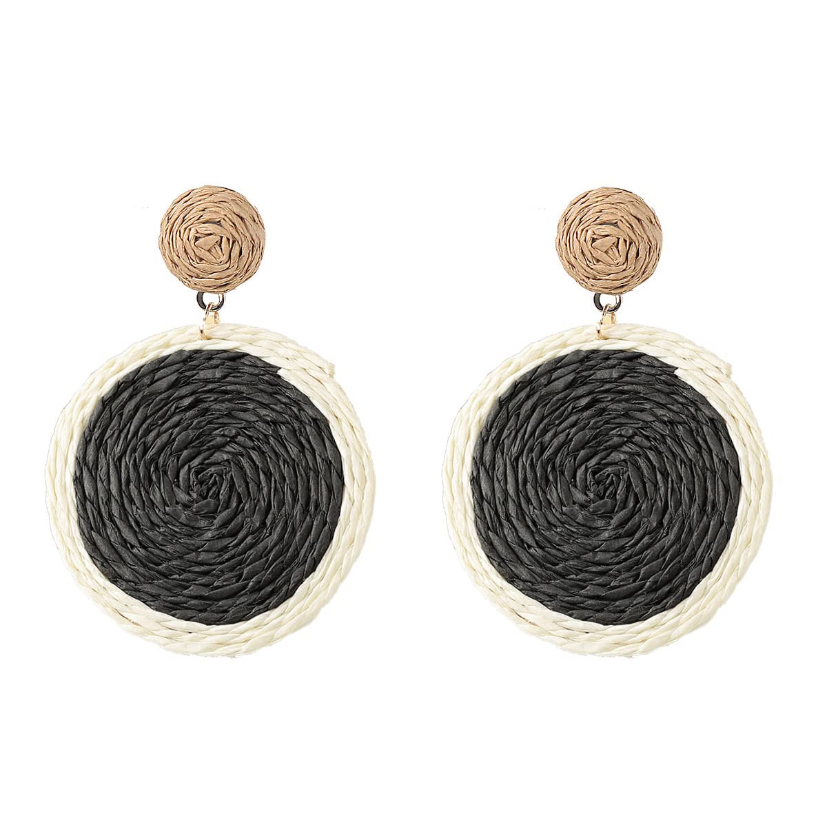 Bohemian Woven Straw Wicker Raffia Rattan Dangle Earrings Geometric Circle Round Statement Drop Earrings for Women Summer Beach Boho Jewelry-straw black